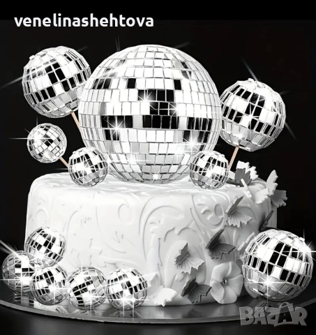 10 броя огледални диско топки на клечка декорация на торта 