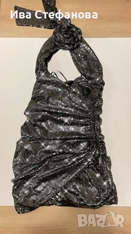 Нова парти коктейлна официална рокля сребърен блясък черна 3D 3Д цвете , снимка 5 - Рокли - 43153900
