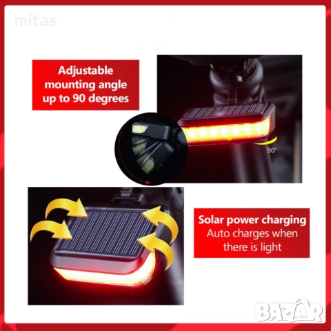 Комбинирана светлина за велосипед 2 в 1, Фар, Стоп, Соларно зареждане, снимка 3 - Аксесоари за велосипеди - 52080785