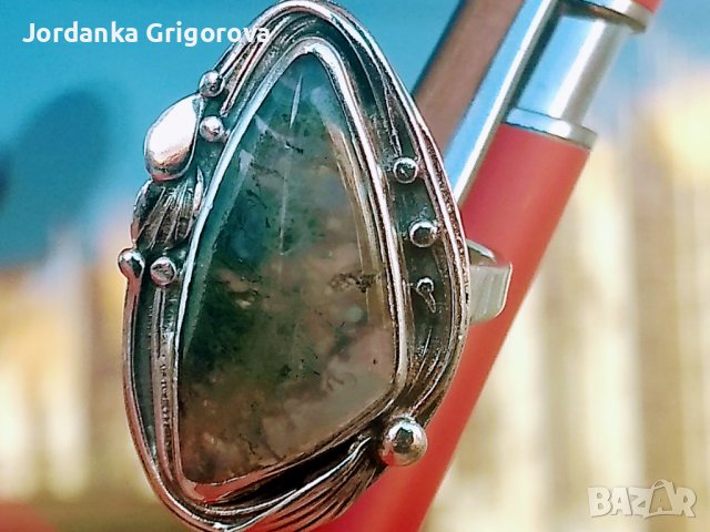 Сребърен пръстен с мъхов ахат, снимка 2 - Пръстени - 39160135