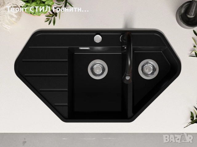 Черна ъглова кухненска гранитна мивка Копенхаген 900 Corner 900x500 мм