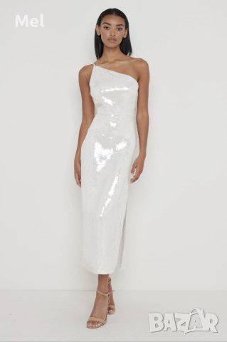 Pretty Lavish дълга рокля с пайети, сребрист/бяла, едно рамо, р-р S, снимка 5 - Рокли - 43857189