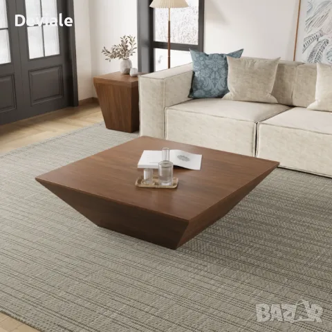 Модерна Минималистична дървена трапецовидна холна масичка за кафе с място за съхранение, орехов фурн, снимка 3 - Маси - 48397647