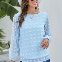 Дамска блуза в синьо с дълъг ръкав и принт на точки, снимка 1 - Блузи с дълъг ръкав и пуловери - 40828435