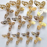 12 броя 3D пеперуди златисти самозалепващи за Декорация , снимка 1 - Други - 33602980