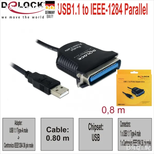 USB1.1 to IEEE-1284 Parallel Кабел 0.8m Delock 23.00лв, снимка 1