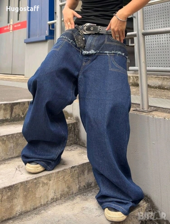 Нови baggy Casual Loose Fit Jeans дънки панталони карго двойни черно сини дизайн размер 34, снимка 1