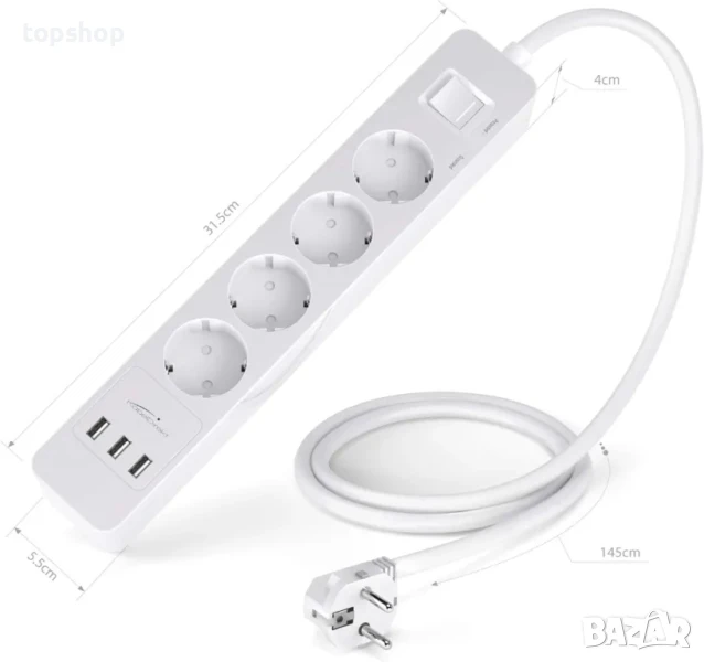 Разклонител KabelDirekt 4 гнезда, 3 USB порта, GS и TUV, защита от пренапрежение, снимка 1