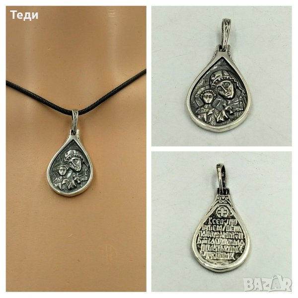 Сребърен медальон капка със Св. Богородица, с връзка, снимка 1