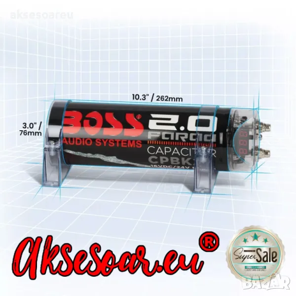 Кондензатор за усилвател за музика в кола 2 фарада BOSS АУДИО С ЦИФРОВ ДИСПЛЕЙ 2 FARAD със СКОБИ, снимка 1