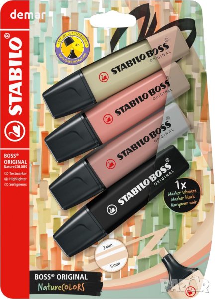 Маркери хайлайтър - STABILO BOSS ORIGINAL NatureCOLORS - 4 бр.- Кално зелено, Сиена, Умбра, Черно, снимка 1
