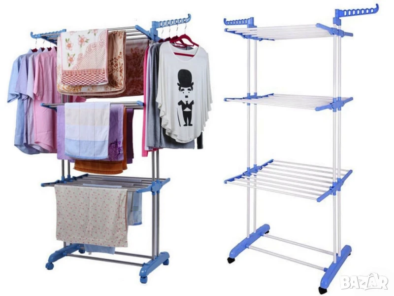 Вертикален сушилник за дрехи на колелца с Три нива тип подвижен простор, снимка 1