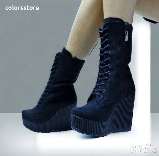 Боти на платформа - черен велур - TD33, снимка 1