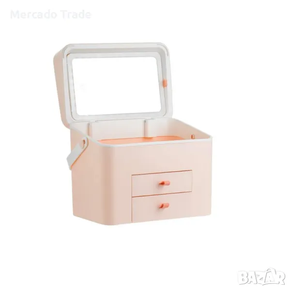Кутия за грим с огледало Mercado Trade, С LED светлини, Розов, снимка 1