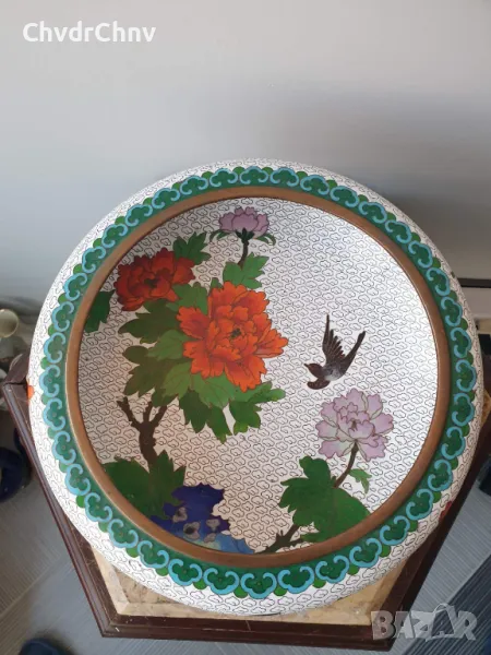 Cloisonne 26см/Клоазон-Клозоне стара голяма китайска купа/поставка ръчна дърворезба, снимка 1