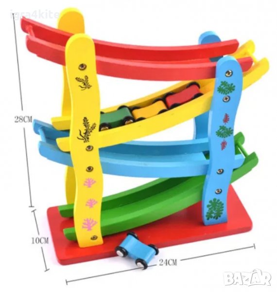 НАМАЛЕНА ЦЕНА! цветна дървена писта на четири нива + четири колички НОВО!, снимка 1