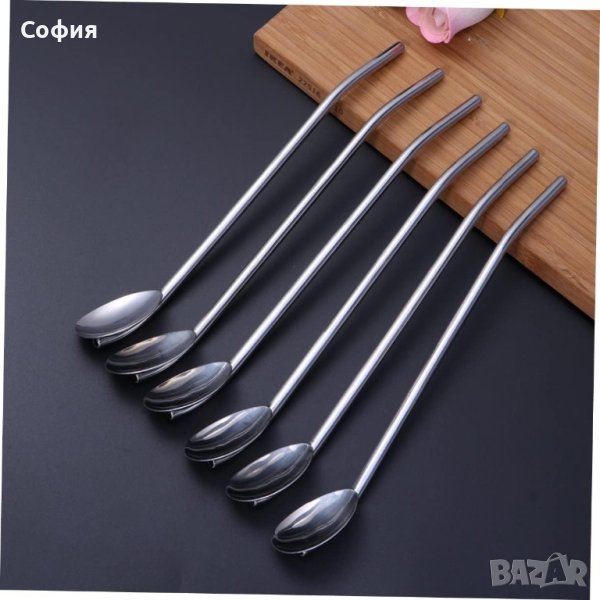 Комплект от 6 броя метални лъжици със сламки 2в1 + ПОДАРЪК ЧЕТКА  , снимка 1