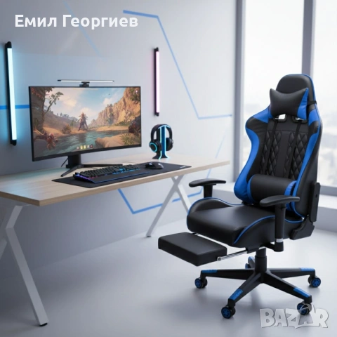 Геймърски стол за релакс с масаж и подложка за крака – син, снимка 2 - Столове за офис - 53238351