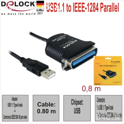 USB1.1 to IEEE-1284 Parallel Кабел 0.8m Delock 23.00лв