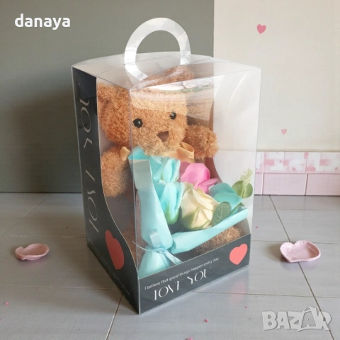 6376 Плюшено мече с букет рози в подаръчна кутия, романтичен подарък, 27 см, снимка 5 - Декорация за дома - 53291418