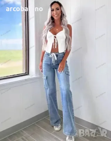 Дамски ежедневни дънки с прав крачол с връзки и много джобове, снимка 3 - Дънки - 47304870