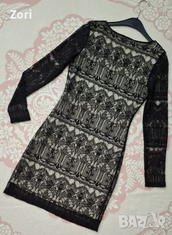 КРАСИВА черна дантелена рокля с бежова подплата по тялото, снимка 4 - Рокли - 52585800