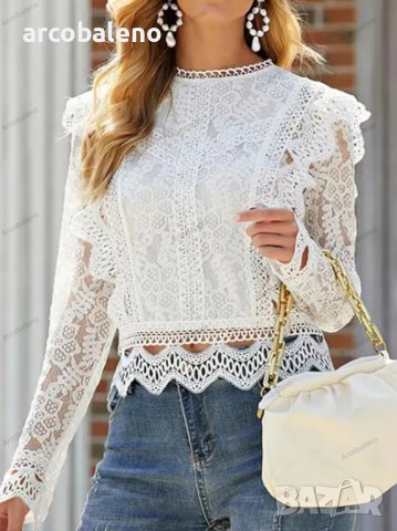 Дамска едноцветна блуза с бродирана дантела, 3цвята , снимка 5 - Блузи с дълъг ръкав и пуловери - 39474960