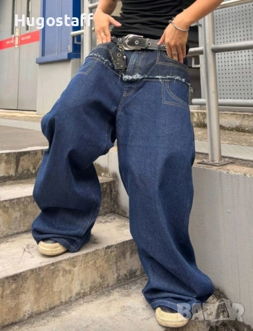 Нови baggy Casual Loose Fit Jeans дънки панталони карго двойни черно сини дизайн размер 34