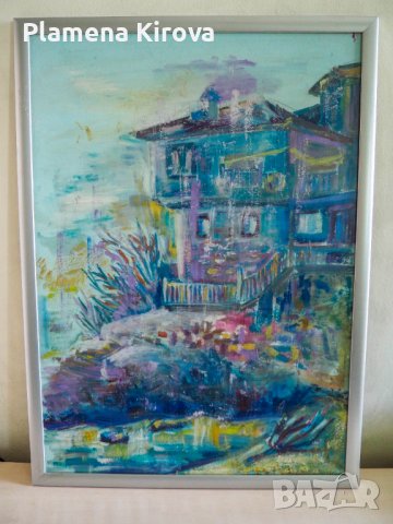Ръчно изработена картина "Дом в лазурна синева", 53х72 см, снимка 2 - Картини - 38820279