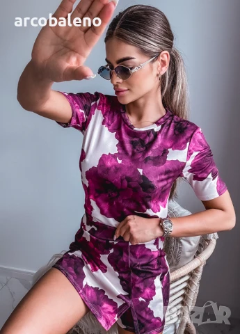 Дамски летен комплект от две части с цветен десен, блуза + пола къси панталони, 2цвята , снимка 13 - Комплекти - 50597677