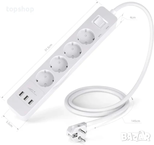 Разклонител KabelDirekt 4 гнезда, 3 USB порта, GS и TUV, защита от пренапрежение