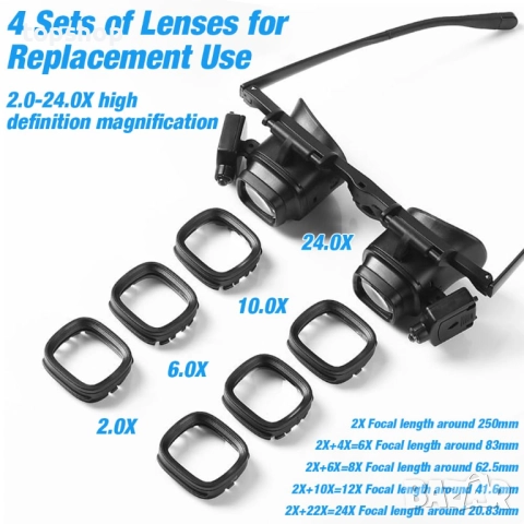 Нови XEERUN LED лупи за увеличаване с фенер 2.0X 6.0X 10.0X 24.0X увеличение за бижутери, шиене и др, снимка 3 - Части и Платки - 51799910