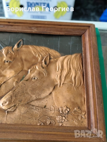 Меден барелеф коне на водопой бакър, снимка 3 - Антикварни и старинни предмети - 52489895