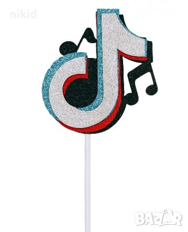 Tik Tok Тик Ток лого брокатен картонен топер украса декор за торта парти, снимка 2 - Други - 32577254