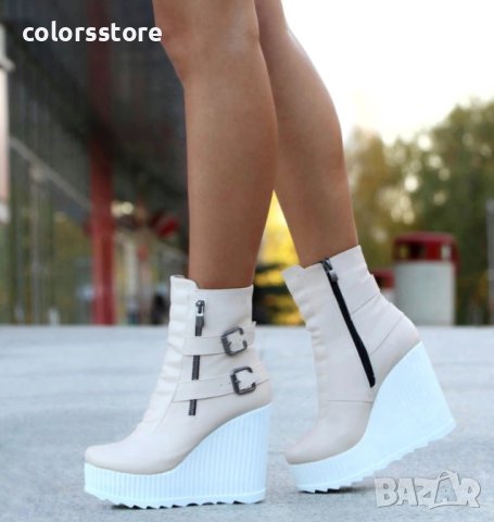 Боти на платформа - бежова кожа с бяло ходило - B2001, снимка 2 - Дамски боти - 34754105