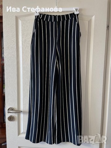 Нов one  size  висока талия ластик черно бял раиран широк прав рае панталон Bershka  S/M размер, снимка 7 - Панталони - 43593442