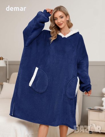 Гигантски домашен топъл пуловер с качулка, худи (тъмносин), снимка 6 - Пижами - 43718402