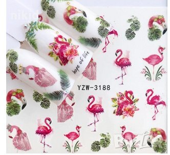 YZW-3188 Фламинго и листа слайдер ваденки водни стикери за нокти маникюр татос, снимка 1 - Продукти за маникюр - 26774179