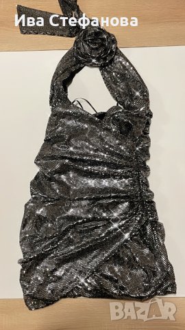Нова парти коктейлна официална рокля сребърен блясък черна 3D 3Д цвете , снимка 4 - Рокли - 43153900
