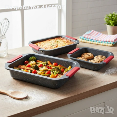 Комплект 3 тави за печене Cheffinger с мраморно покритие и силиконови дръжки – здрави, удобни и спес, снимка 5 - Съдове за готвене - 53192633