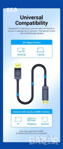 Vention кабел Cable DisplayPort to HDMI 1.5m - 4K, Gold Plated - HAGBG, снимка 7 - Кабели и адаптери - 43416639