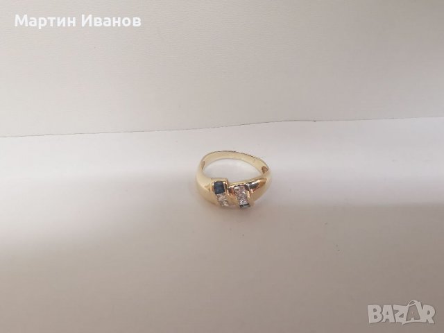 Златен пръстен с циркони и аквамарин , снимка 6 - Пръстени - 39662688