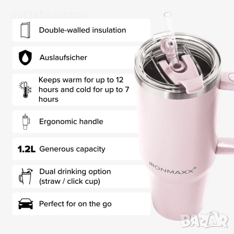 Термос -чаша IronMaxx 1.2L, Тънък модерен дизайн от неръждаема стомана, снимка 3 - Други стоки за дома - 52885566