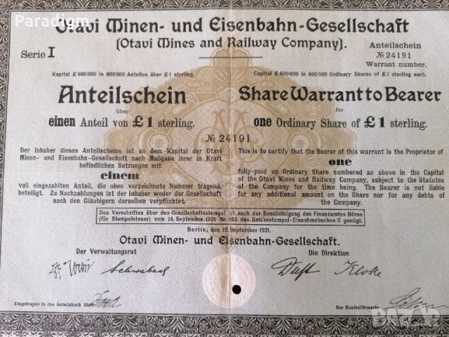 Акция | Otavi Mines & Railway Company | 1921г., снимка 2 - Други ценни предмети - 28298615