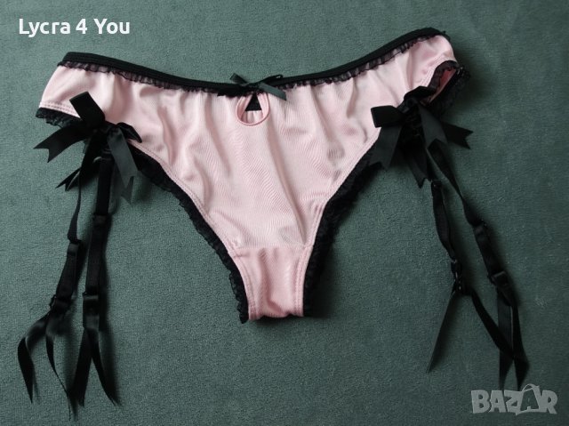 М розови сатенирани изрязани бикини/бразилиани с черни жартиери, снимка 5 - Бельо - 40501245