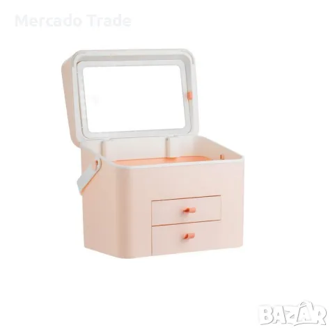 Кутия за грим с огледало Mercado Trade, С LED светлини, Розов