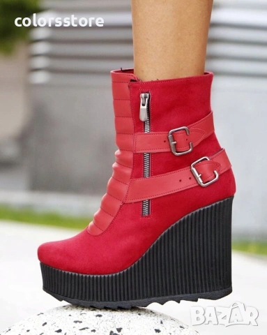 Боти на платформа - червен велур - B2001, снимка 3 - Дамски боти - 42366404