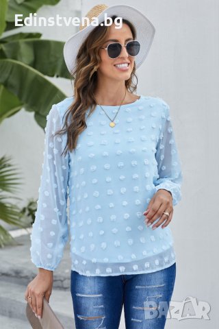 Дамска блуза в синьо с дълъг ръкав и принт на точки