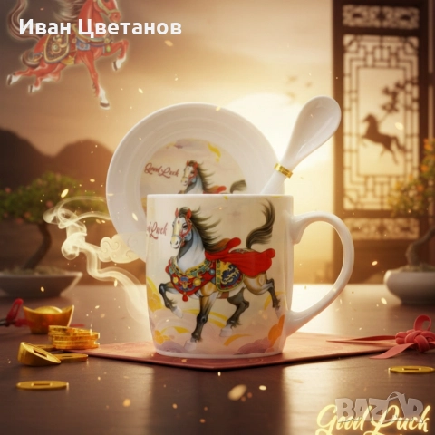 Подаръчен късметлийски порцеланов комплект – чаша, чинийка и лъжичка с празничен дизайн на коне