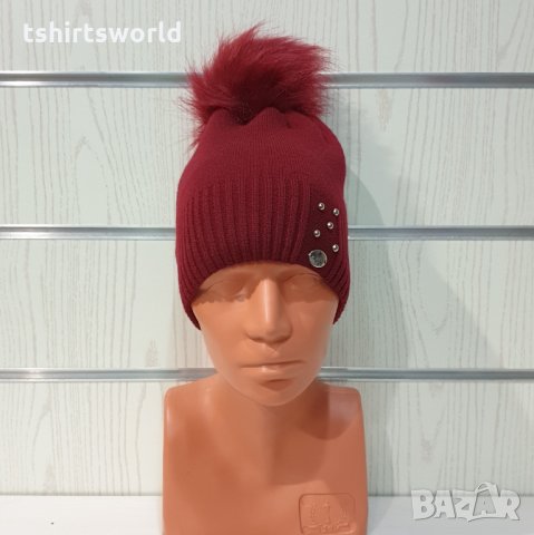Нова зимна дамска шапка СилвърСтар с камъчета и помпон/пух в цвят бордо, снимка 7 - Шапки - 35501694